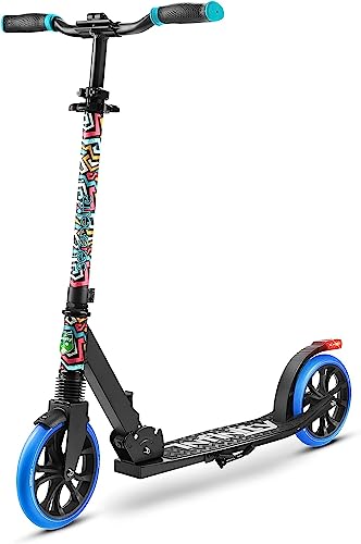 SereneLife Foldable Kick Scooter - Stand Kick Scooter for Teens and Adults with Rubber Grip at Tip, Alloy Deck, Adjustable T-Bar Handlebar Height, Smooth Gliding Wheels, Easy Maneuvering (Graffiti)