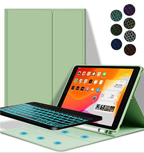 YGoal Tastatur Hülle für 10.2, Deutsches QWERTZ Layout Ultra-Dünn Hülle mit 7 Farben Hintergrundbeleuchtung Abnehmbarer Tastatur für 10.2, Grün