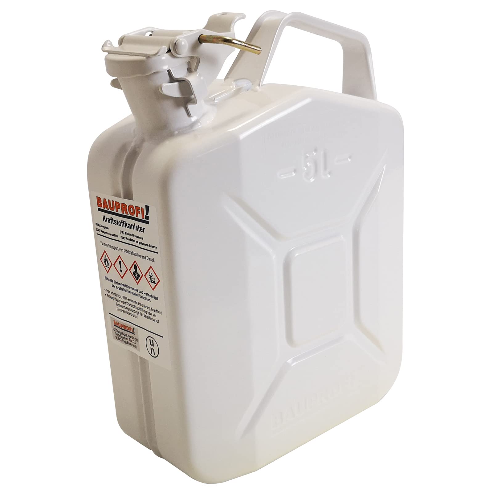 BAUPROFI 5 Liter Stahlblechkanister GGVS mit Sicherungsstift Weiß Benzinkanister