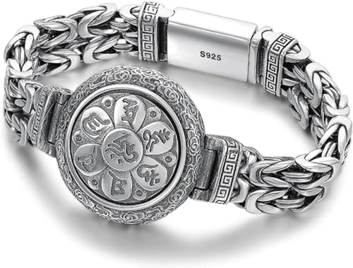 Modisches Retro-Armband, neues silbernes Armband for Herren, Retro-Friedensmuster, sechs Zeichen, Mantra-Persönlichkeit kann glückverheißende Wolken drehen, Plattenspieler-Zubehör ( Color : Silver_18c