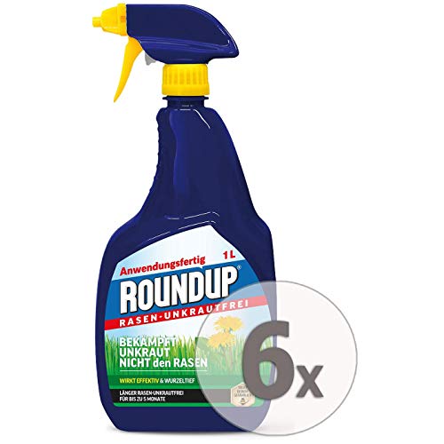 Roundup Rasen-Unkrautfrei AF Anwendungsfertig Unkrautvernichter Sparpaket, 6 x 1 Liter + Zeckenzange mit Lupe