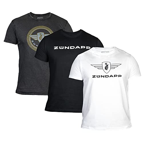 ZÜNDAPP T Shirt Herren oder Damen | Basic Tshirt 3er Set | Unisex Baumwoll T-Shirt 3er Pack (XXL, grau meliert + schwarz Uni + weiß Uni)
