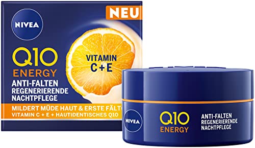 NIVEA Q10 Energy Anti-Falten Nachtpflege, feuchtigkeitsspendende Nachtcreme mit Q10, Vitamin E und C, Gesichtspflege mildert Fältchen und strafft die Haut, Q10 Energy Regenerierende Nachtpflege(50 ml)