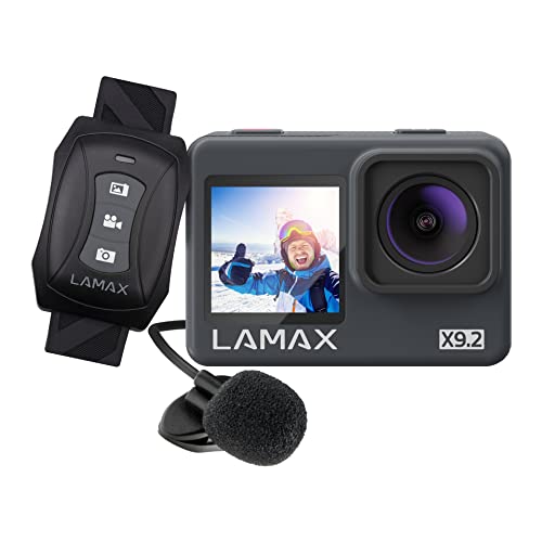 LAMAX X9.2 Actionkamera mit 4K-Auflösung bei 60 fps, Beste MAXsmooth Stabilisierung, 1,3″-Displays auf der Vorderseite, 22 Zubehörteile, Fernbedienung, Externes Mikrofon, Wi-Fi, Bis 40 m wasserdicht