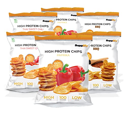 Supplify Protein Chips (Mix-Box vegan) - Eiweiß Snack zum Abnehmen oder Muskelaufbau - die leckere Alternative zu Protein-Pulver oder -Riegel (12 x 50g))