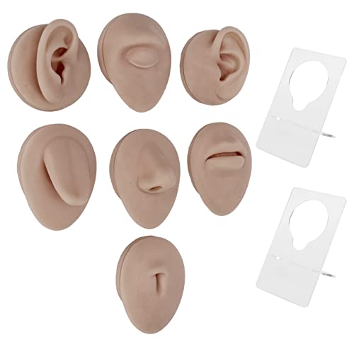Silikon-Piercing-Körpermodell, Weiche Kompakte Silikon-Körperteile, Wiederverwendbares, Elastisches, Weiches Silikon-Ohr-Mund-Nase-Zunge-Nabel-Modell mit Präsentationsständer (Dunkle Hautfarbe)
