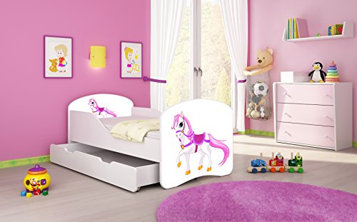 Kinderbett Jugendbett Komplett mit einer Schublade und Matratze Lattenrost Weiß ACMA I (140x70 cm + Bettkasten, 43 Kleines Pferd)
