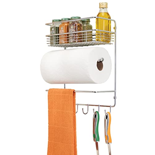 mDesign Küchenrollenhalter – platzsparender Papierrollenhalter zur Wandmontage mit integriertem Gewürzregal aus Metall – praktischer Küchenhelfer – silberfarben