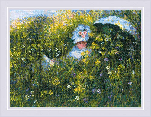 Riolis 1850 Kreuzstich-Set, Motiv"In The Meadow After C. Monet's Painting - Kreuzstich-Set, 153 x 10 cm, 14 Fadenzahl, Weiß, AIDA 28 Farben