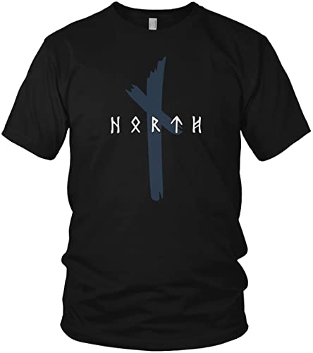 North - Original Runen Logo Merchandising Wikinger Walhalla Vikings Odin Thor - Herren T-Shirt und Männer Tshirt, Größe:L, Farbe:Schwarz/Navy