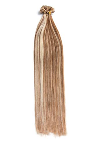 Gesträhnte Keratin Bonding Extensions aus 100% Remy Echthaar/Human Hair 300 0,5g 50cm Glatte Strähnen - U-Tip als Haarverlängerung und Haarverdichtung - Farbe: #12/613 Hellbraun/Helllichtblond