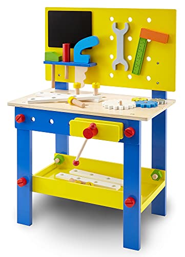 wuuhoo® Kinder-Werkbank Woody inkl. Werkzeug - Kinderwerkbank aus Holz, farbenfrohes Holzspielzeug, mobile Werkzeugbank mit Holzwerkzeug und Schraubtsock - Spielzeug für Kinder