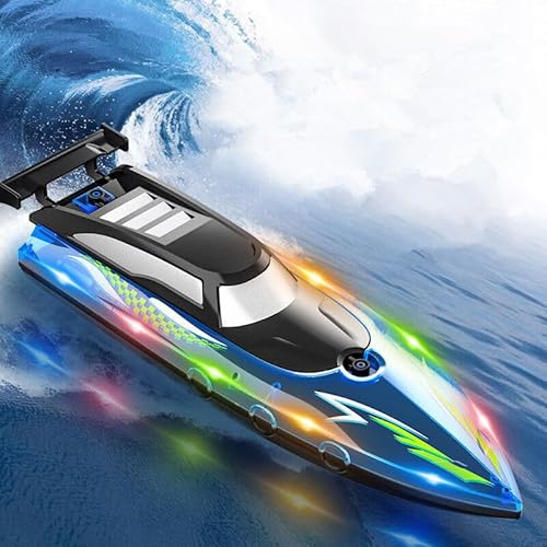 OBEST 20km/h Ferngesteuerte SpeedBoot, Hohegeschwindigkeit RC Wasserdichtes Boot mit LED-Licht, 2,4-GHz-Rennboote für Pools und Seen mit 2 Akku 50Min Spielen, Rudern-Spielzeug für Kinder&Erwachsene