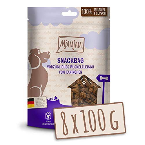 MjAMjAM - Premium Hundesnack - Snackbag vorzügliches Muskelfleisch vom Kaninchen, getreidefrei, Monoprotein 8 x 100g
