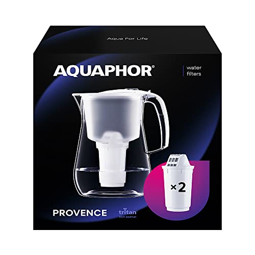 AQUAPHOR Wasserfilter Provence weiß inkl. 2 A5 Mg Filterkartuschen - Premium-Wasserfilter in Glasoptik zur Reduzierung von Kalk & Chlor - reichert das Wasser mit Magnesium an