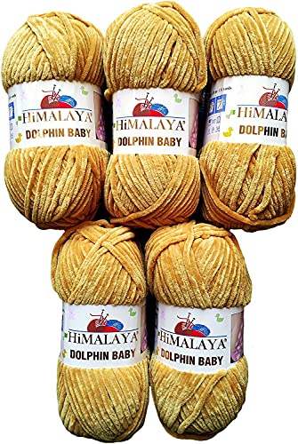 chenille 5 x 100 Gramm Himalaya Dolphin Strickwolle, Babywolle , 500 Gramm Wolle Super Bulky (gold 80330), 35_x_25 CM