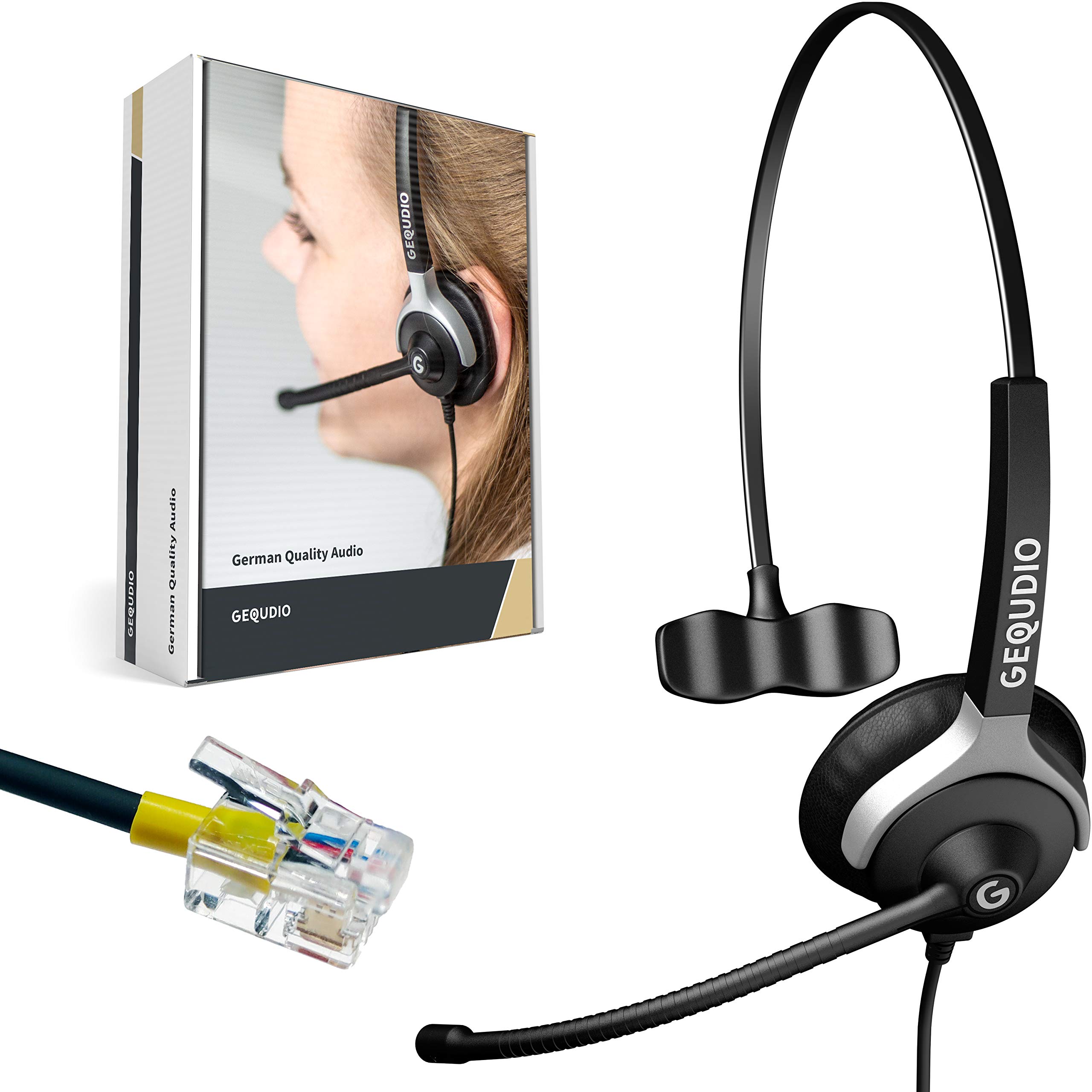 GEQUDIO Headset für GX3+ GX5+ und kompatibel mit Mitel, Aastra, Poly/Polycom und Gigaset-RJ Telefon - inklusive RJ Kabel - Kopfhörer & Mikrofon mit Ersatz Polster - leicht 60g (1-Ohr)
