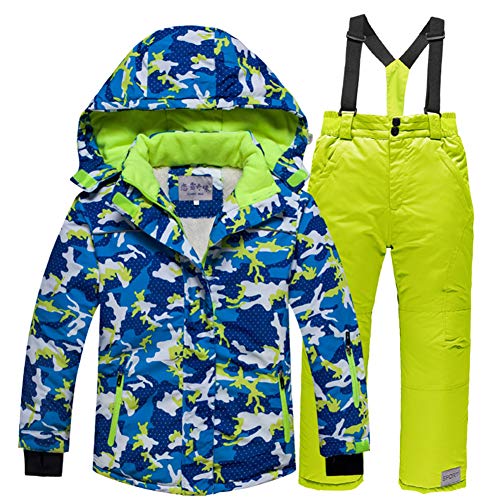 LPATTERN Kinder Jungen/Mädchen Skifahren 2 Teilig Schneeanzug Skianzug(Skijacke+ Skihose), Blau Jacke+ Grün Trägerhose, Gr. 128/134(Herstellergröße: 126-134/10)