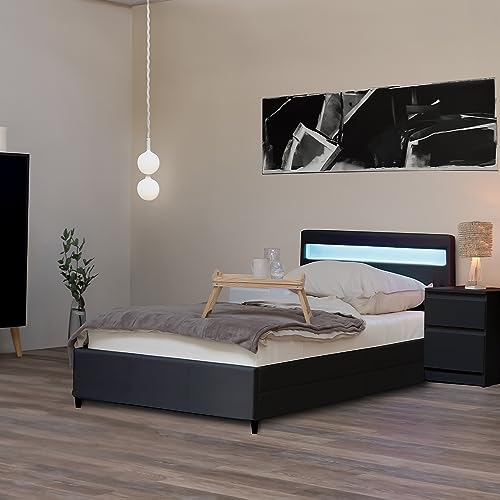Home Deluxe - LED Bett NUBE - Dunkelgrau, 90 x 200 cm - inkl. Lattenrost und Schubladen I Polsterbett Design Bett inkl. Beleuchtung