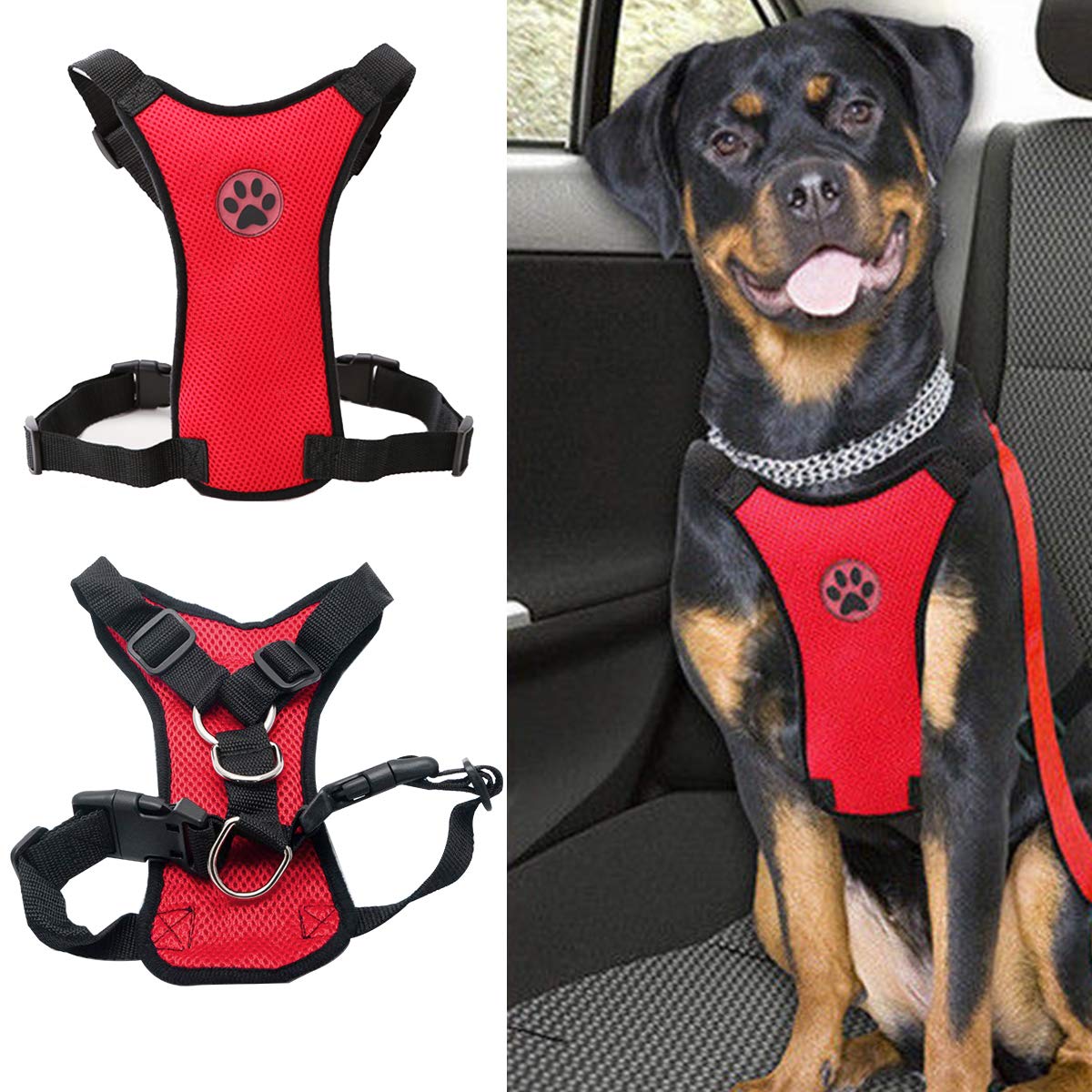 MASO Hundegeschirr mit Double luftdurchlässiges Verstellbarer Car Mesh Trapez Sicherheitsgurt (M Rot)
