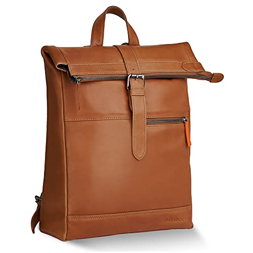 Davidoff ESSENTIALS Herren Rucksack Cognac – moderner Business Rucksack aus feinem Leder – hochwertiger Kurierrucksack mit Reißverschluss