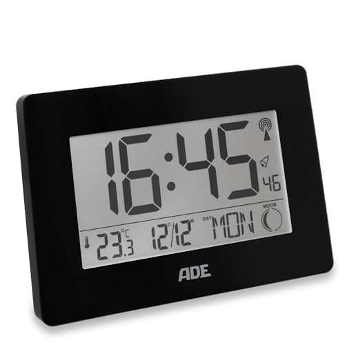 ADE Große Digitale Funkuhr mit XXL-Ziffern | Tischuhr und Wanduhr mit Kalenderfunktion | mit Temperaturanzeige | Funkwecker batteriebetrieben | schwarz