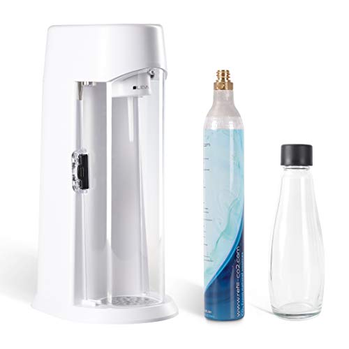 Levivo Wassersprudler inkl. Flasche aus Glas und CO2-Zylinder, geeignet für alle 0,6 l und die großen 1,2 l CO2-Zylinder, macht Schluss mit Kisten schleppen, in weiß