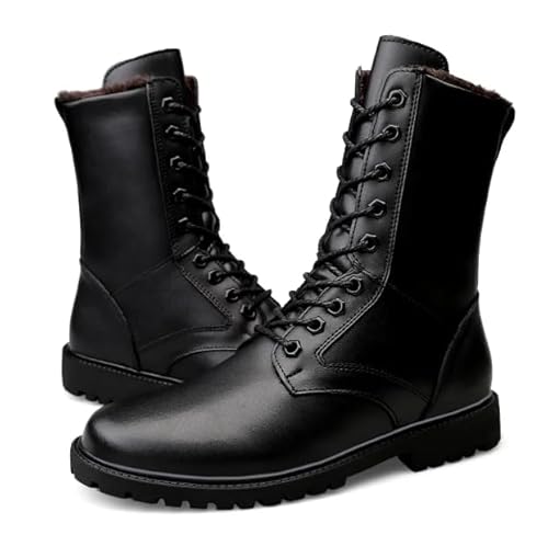 OUBOSI Neue Männer Leder Schuhe Winter Lange Männer Stiefel Casual Punk Motorrad Stiefel Seite Zipper Schwarz Solide Military Military Stiefel,Black Cotton,36