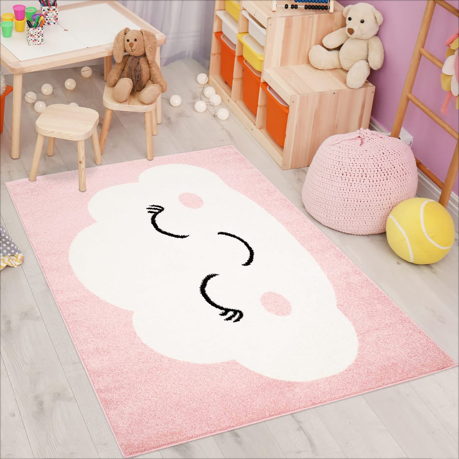 carpet city Kinderzimmer Teppiche Wolken Motiv Rosa 80x150 cm Glanzgarn Flachflor Babyzimmer