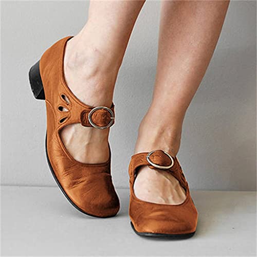 guoiooi Sandalen für Frauen flach, Damen Casual Knöchel Niedriger Absatz Flacher Mund Schuh Sommer Komfort Dressy Sandalen (Color : Brown, Size : EUR39/US8)