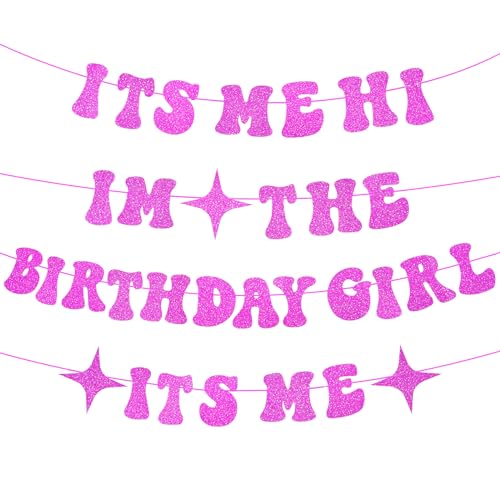 Vorbespannte glitzernde rosa "It's Me Hi I'm The Birthday Girl"-Banner – Geburtstag Mädchen Thema hängende Papiergirlande Wimpelkette Banner Schild-Dekorationen, Foto-Hintergrund für Wand, Zuhause,