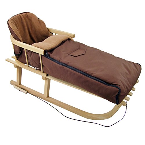 Kombi-Angebot Holz-Schlitten mit Rückenlehne & Zugseil + universaler Winterfußsack (108cm), auch geeignet für Babyschale, Kinderwagen, Buggy, Thermofleece Uni (braun + Schlitten)