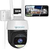UCOCARE Kamera Überwachung Aussen, 5MP Überwachungskamera Aussen WLAN, Intelligente Mensch/Fahrzeug Erkennung, Farbige Nachtsicht, Zwei-Wege-Audio, 32G SD-Karte