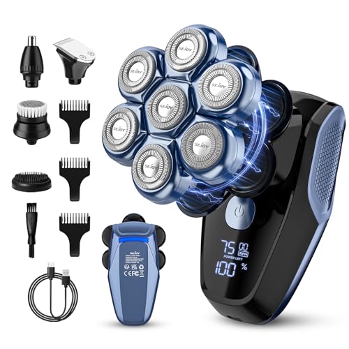 Glatzen Rasierer Herren elektrisch, 7D Schädel Rasierer 3-Gang elektrischer Rasierer, IPX7 wasserdichte nasse und trockene Herren Grooming Kit, LED-Anzeige Rotary Rasierer Trimmer, USB Aufladung