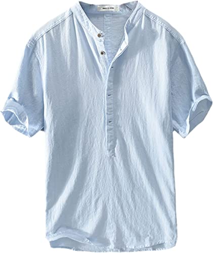 Lanakila Provence Leinen-Baumwollhemd für Herren, Sommer-lässiges leichtes Leinenhemd für Herren (Hellblau,M)