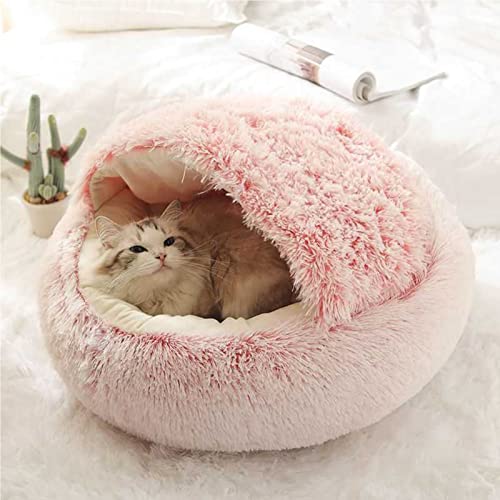 Koomuao Flauschiges Katzenbett Runder Haustierbett,Höhlen-Katzenbett mit Kapuze rutschfest warm Katzenbett für Katzen und Welpen (50cm, Rosa)