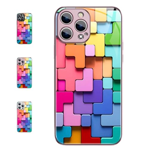 Flache 3D-Quadrat-Muster-Glashülle für iPhone 15promax Hülle, Flache 3D-Quadrat-Muster-Abdeckung kompatibel mit iPhone, Coole Bunte Tetris-Telefonhülle, stoßfester Schutz (12 Pro,Rosa)