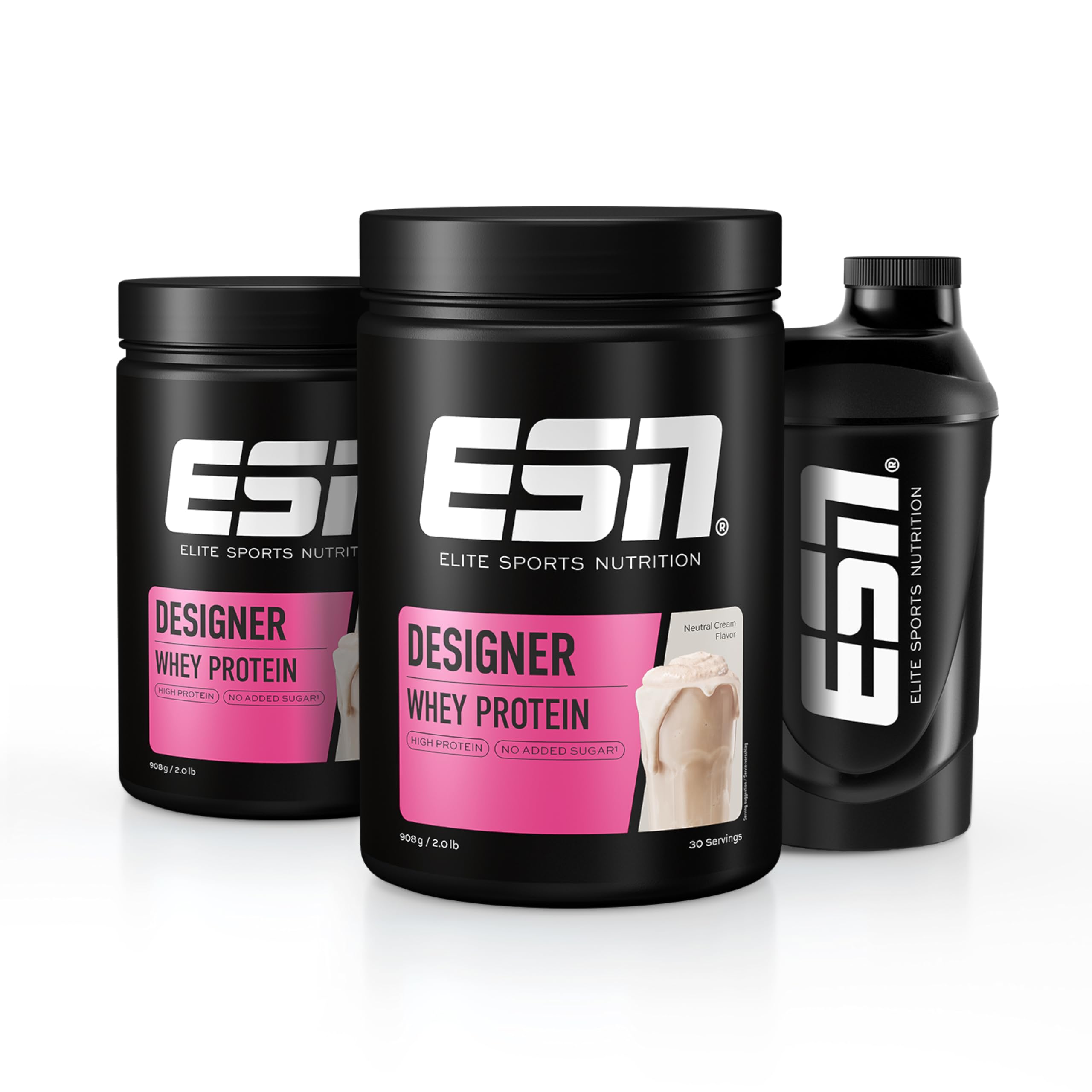 ESN, 2 x Designer Whey Protein Pulver, 908g Dose, Neutral Cream + Gratis ESN Shaker