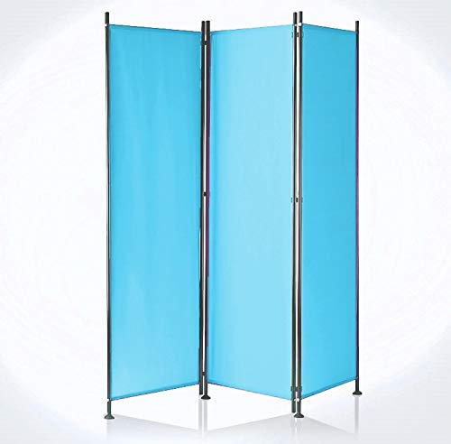 IMC Paravent 3-teilig hellblau Raumteiler Trennwand Sichtschutz, faltbar/flexibel verstellbar, wetterfester Polyester-Stoff, Schwarze Metallstangen