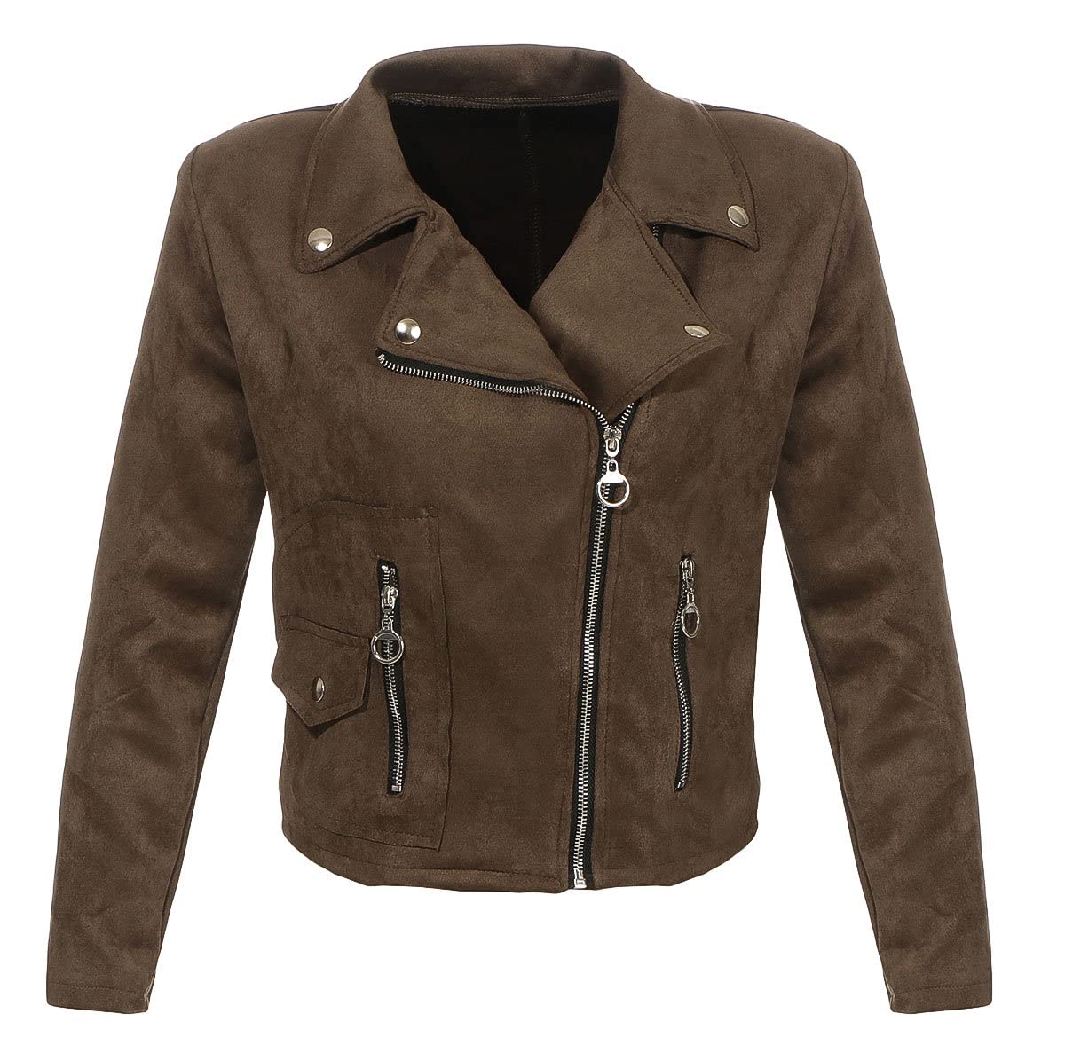 Malito Damen Jacke | Velours Jacke | Biker Jacke mit Reißverschluss | Faux Leather - leichte Jacke 19617 (Oliv, XL)