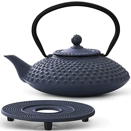 große blaue Asia Teekanne Gusseisen Set 1.25 Liter Teekessel mit Henkel & Edelstahl Tee-Filter-Sieb-Einsatz für losen Tee und Untersetzer