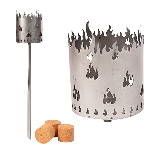 Novaliv Gartenfackel Rost Motiv Flamme | inkl. 3X Brennmittel aus Holzspäne mit Wachs | Feuerschale Metall mit Stiel Gartenleuchte Fackel
