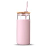 Yoohh Trinkhalm-Becher, Glas-Kaffeetassen mit Strohhalm und Deckel, 500 ml Holzdeckel, transparente Glas-Wasserflasche, ideal für Eiskaffee, Wasser-Shakes