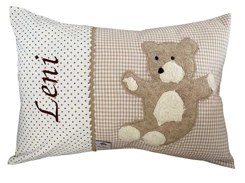Glückspilz Namenskissen personalisiert, Babykissen mit Namen Bestickt, Teddybär, Beige, 30 x 45 cm
