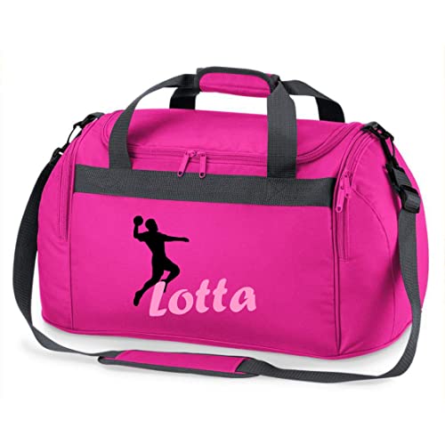 Sporttasche mit Namen Bedruckt für Kinder | Personalisierbar mit Motiv Handball | Reisetasche Duffle Bag für Mädchen und Jungen | Handballspieler Sport (pink)