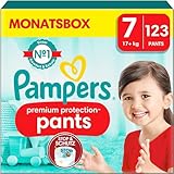 Pampers Baby Windeln Pants Größe 7 (17kg+) Premium Protection, Extra Large mit Stop- und Schutz Täschchen, MONATSBOX, 123 Höschenwindeln