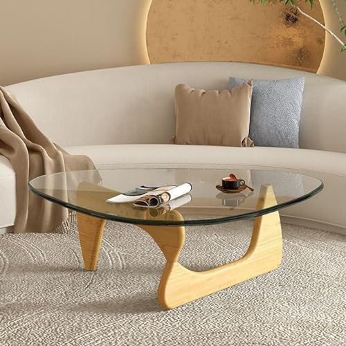 GMBAYUE Dreieckige Glas Couchtisch, Moderner Sofa Coffee Table mit Holzsockel und Klarem Glas-Couchtisch für Wohnzimmer, Esszimmer, Tee (Color : Colorless Glass+Wood Color, Size : L)