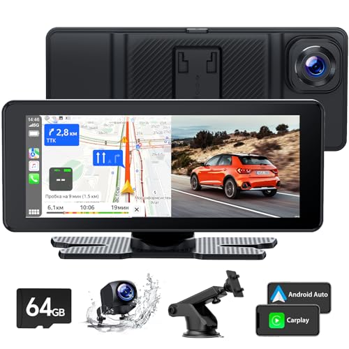 Apple Carplay Wireless Android Auto Display mit 2,5K-Dashcam, 1080P-Rückfahrkamera, Tragbares Autoradio mit Bildschirm 6.86 Zoll, Siri/Google/Bluetooth/GPS/FM/Mirror-Link/Loop Recording/64G SD-Karte