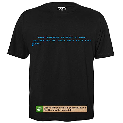 C64 Startbildschirm - Herren T-Shirt für Geeks mit Spruch Motiv aus Bio-Baumwolle Kurzarm Rundhals Ausschnitt, Größe XXL