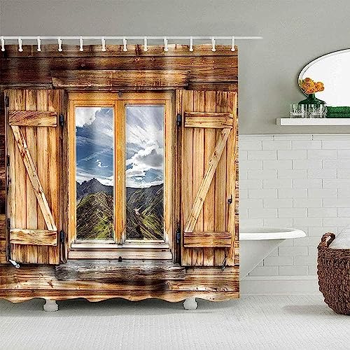 HATEGE Duschvorhang Anti-Schimmel Vintage-Holzbretter 3D Duschvorhänge 200x240 Ausblick Aus Dem Fenster Duschvorhang Textil Waschbar Wsserdicht für Badezimmer Badewanne Badevorhang Bad